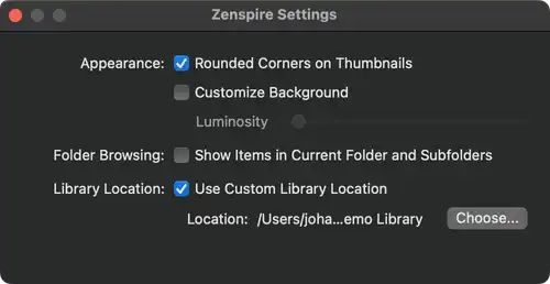 Zenspire Settings Window